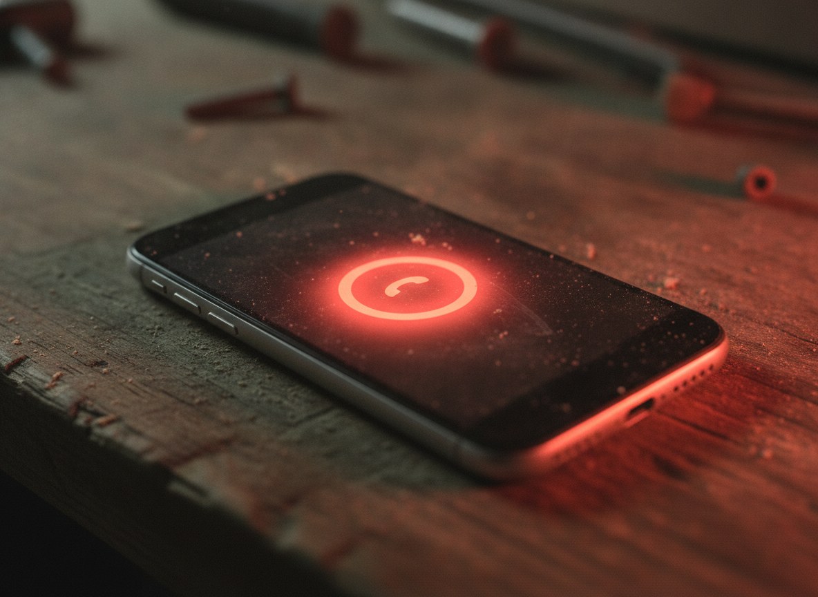 Smartphone mit verpasstem Anruf auf einer staubigen Werkbank — ohne KI-Anrufannahme bleibt es bei der Mailbox